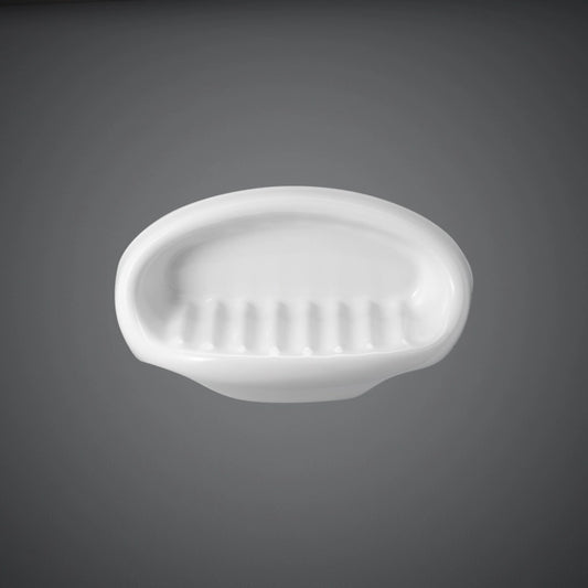 A clear studio view of the RAK-Europa Medium Soap Holder in Alpine White, featuring its smooth ceramic finish and elegant curved rectangular shape.