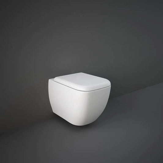 RAK Ceramics Metropolitan wall-hung water closet in Ivory finish (MP12IVA), showcasing its sleek rounded rectangle design and floating installation.