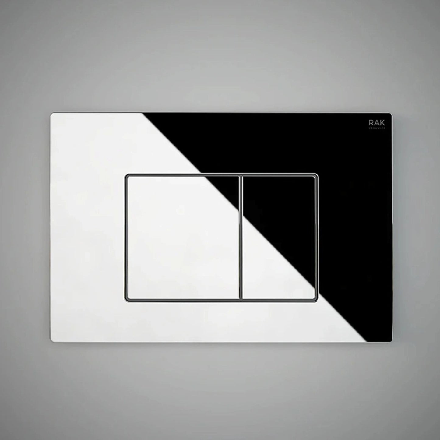 RAK Ceramics Neofix rectangular dual flush push plate in glossy chrome (NEOFSRAKPPL02) with two geometric buttons for water-saving operation.