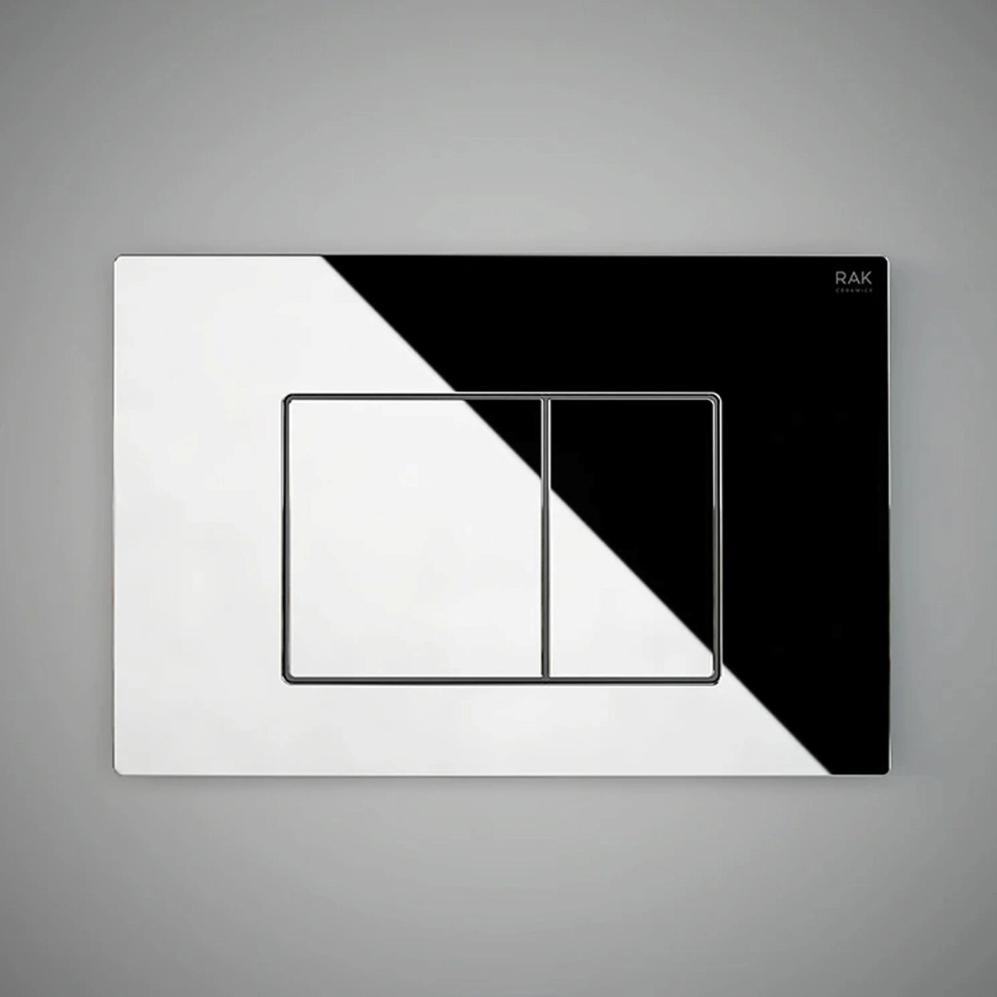 RAK Ceramics Neofix rectangular dual flush push plate in glossy chrome (NEOFSRAKPPL02) with two geometric buttons for water-saving operation.