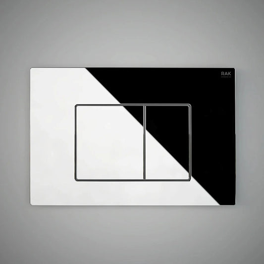 RAK Ceramics Neofix rectangular dual flush push plate in glossy chrome (NEOFSRAKPPL02) with two geometric buttons for water-saving operation.