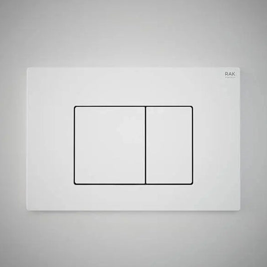 RAK Ceramics Neofix rectangular dual flush push plate in Matt White (NEOFSRAKPPL16) featuring two geometric buttons and a smooth, non-reflective finish.