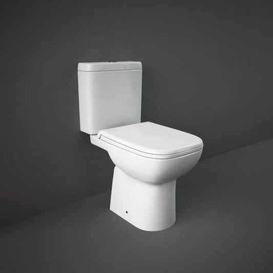 RAK Ceramics Origin close coupled P-Trap toilet pan in Alpine White (ORG11AWHA) showing a smooth rounded rectangle design and concealed trapway.