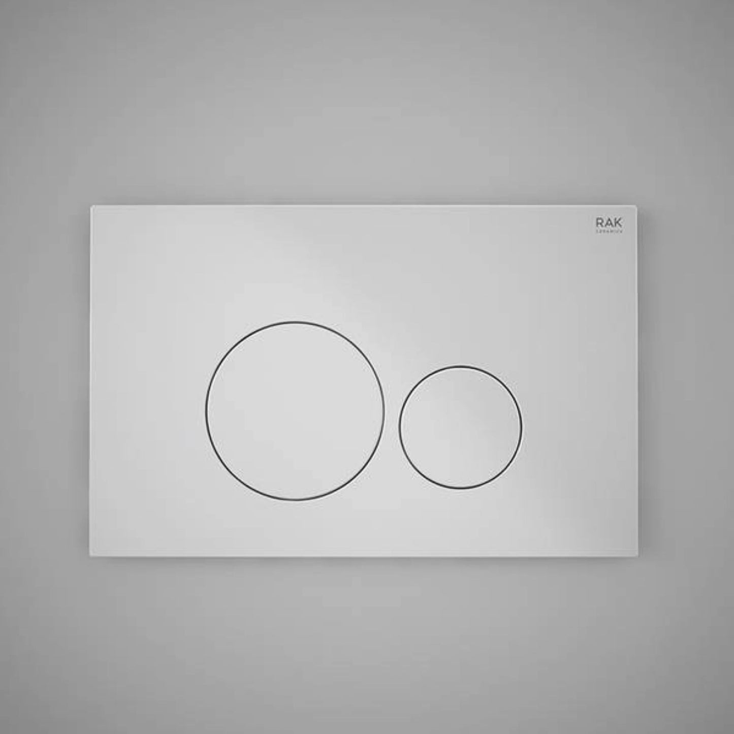 Front view of the RAK Ceramics RAK-Ecofix rectangular push plate in a brilliant White finish, featuring two circular dual-flush buttons.