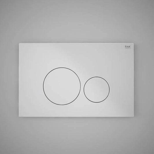 Front view of the RAK Ceramics RAK-Ecofix rectangular push plate in a brilliant White finish, featuring two circular dual-flush buttons.