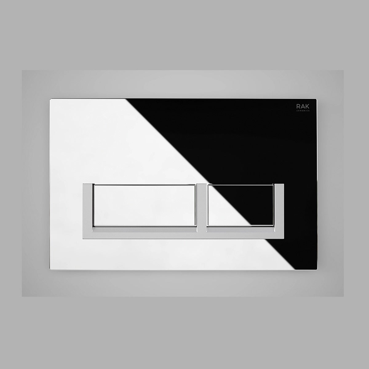 A front-on view of the RAK Ceramics RAK-Ecofix rectangular push plate featuring a reflective Bright Chrome finish and two rectangular dual-flush buttons.