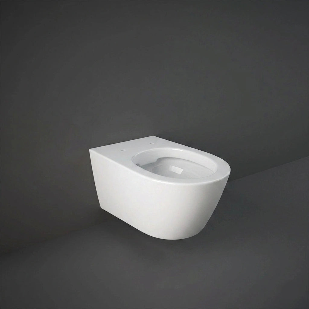 RAK-Resort RST23AWHA rimless wall hung water closet pan in Alpine White with a 52cm projection and hidden fixing system.