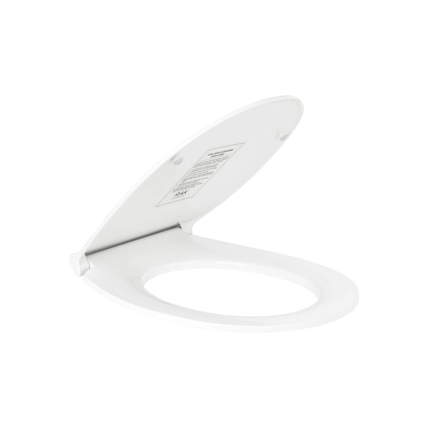 RAK Ceramics Flora series round ABS soft-close toilet seat cover in alpine white, showcasing opened view.