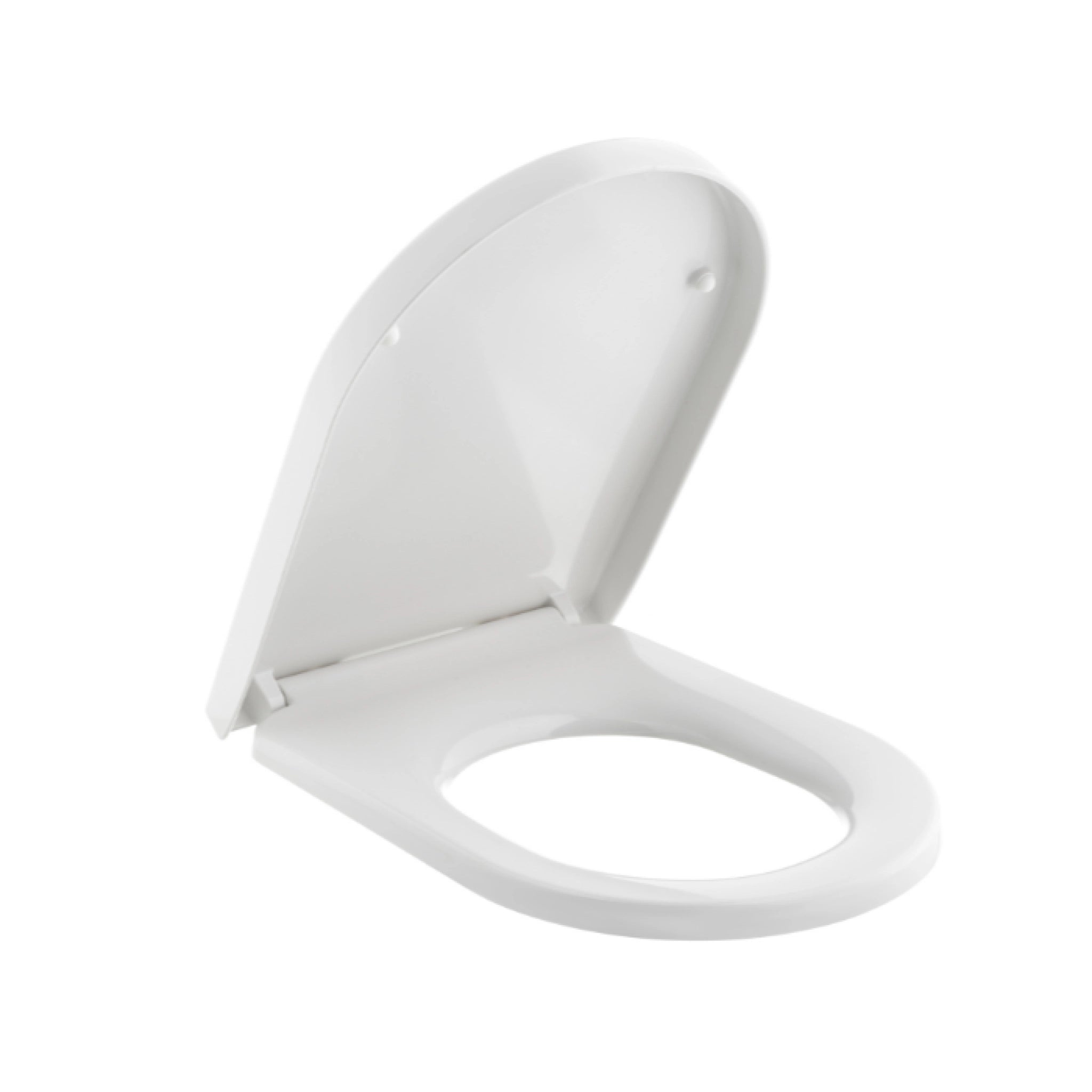 RAK Ceramics Compact series round white urea toilet seat cover, opened view from side front to showcase its ergonomic, contemporary design.