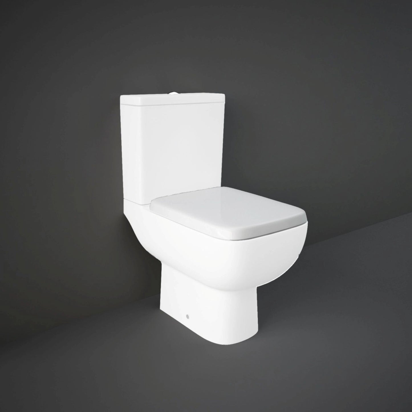 A grey space featuring a RAK Ceramics toilet equipped with the Series 600 soft-close seat, highlighting a clean and minimalist design.