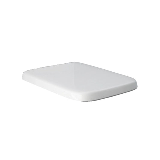 A high-angle view of the RAK Ceramics Series 600 rounded rectangle urea toilet seat cover in alpine white, showing its sleek, modern profile.