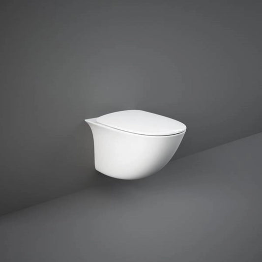 RAK-Sensation SENWC1446AWHA rimless wall hung water closet pan in Alpine White with hidden fixations and 520mm oval design.