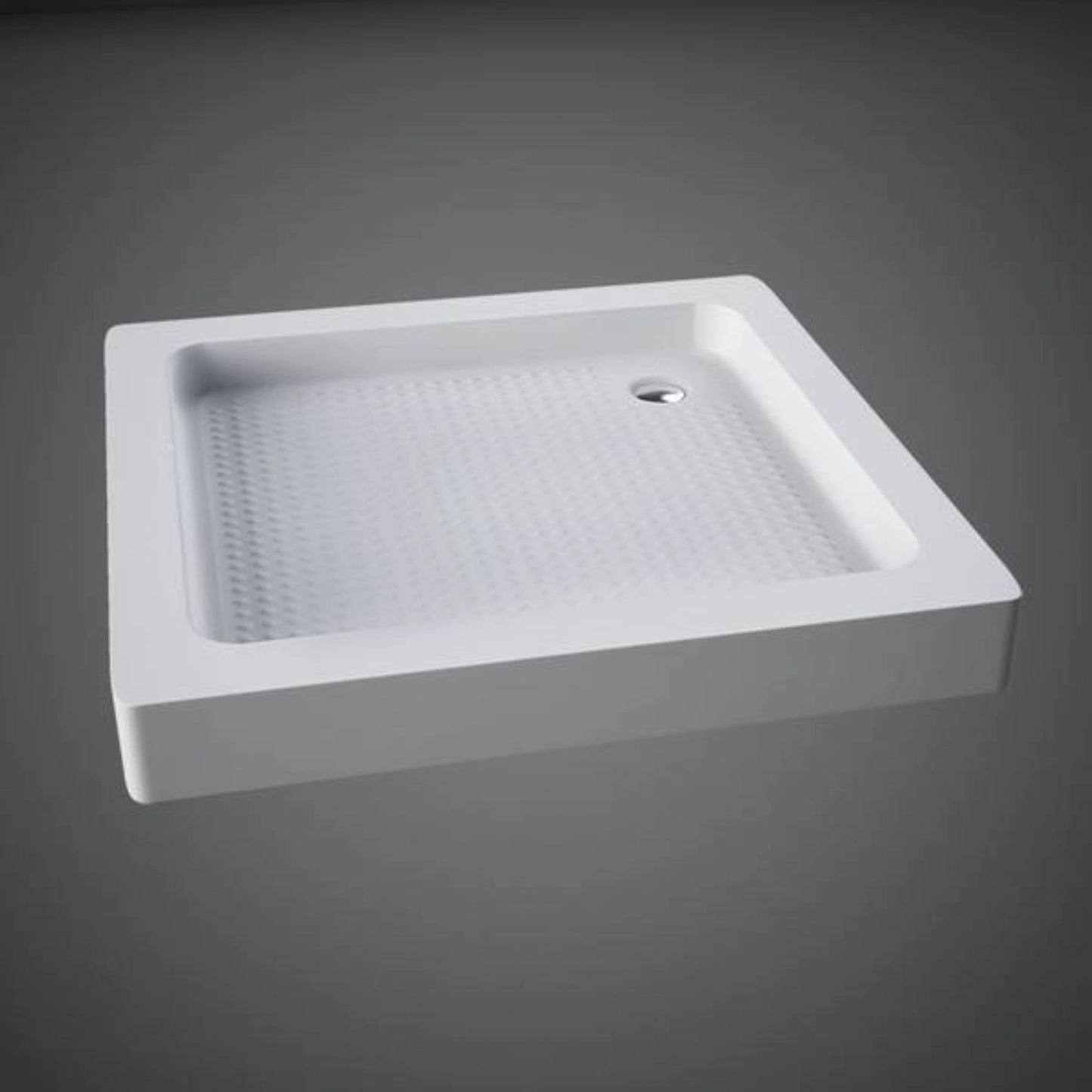 Technical drawing and isometric view of the square RAK-Sania Deluxe 90x90cm shower tray in Alpine White, showing dimensions and waste placement.