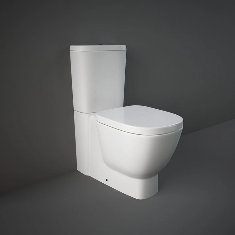 A studio shot of the RAK-One 64cm Close Coupled Water Closet in Alpine White, showcasing its sophisticated square bowl design and seamless back-to-wall floor-standing profile.