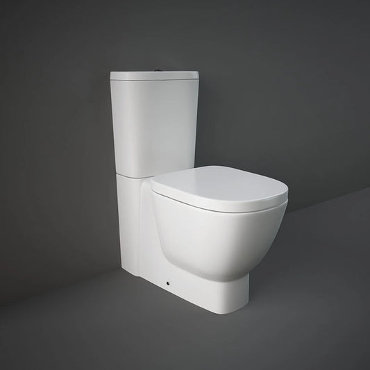 A studio shot of the RAK-One 64cm Close Coupled Water Closet in Alpine White, showcasing its sophisticated square bowl design and seamless back-to-wall floor-standing profile.