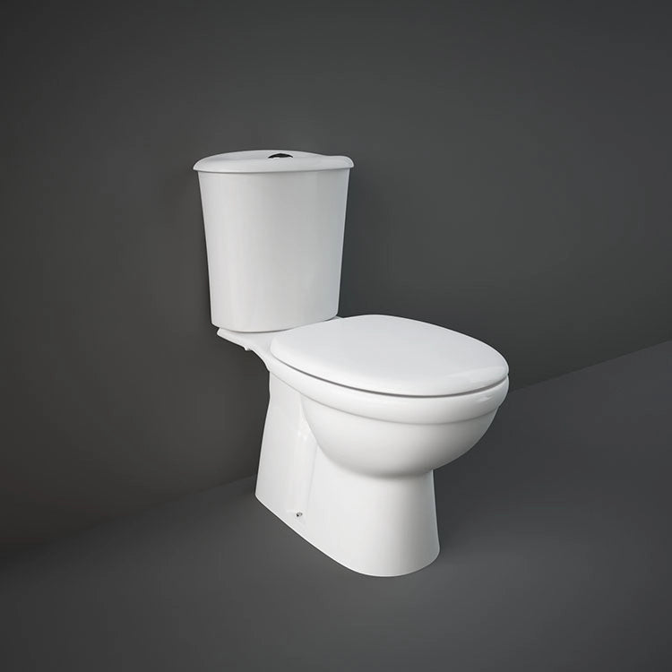 A studio photograph of the RAK-Karla 70cm Close Coupled Water Closet in Alpine White, showing the complete set including the oval bowl and the matching ceramic cistern.