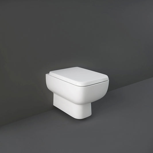 RAK Ceramics Series 600 SE13AWHA rimless wall hung water closet in Alpine White with hidden fixations and 52cm projection.