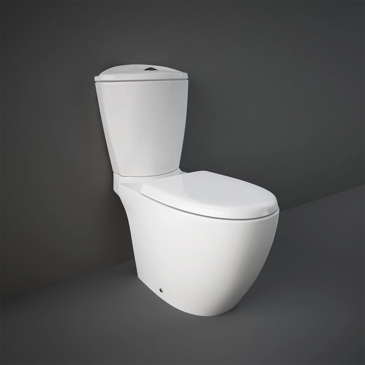 RAK-Venice VN03AWHA close coupled water closet pan in Glossy Alpine White, 725mm length with S-trap and rimless technology.