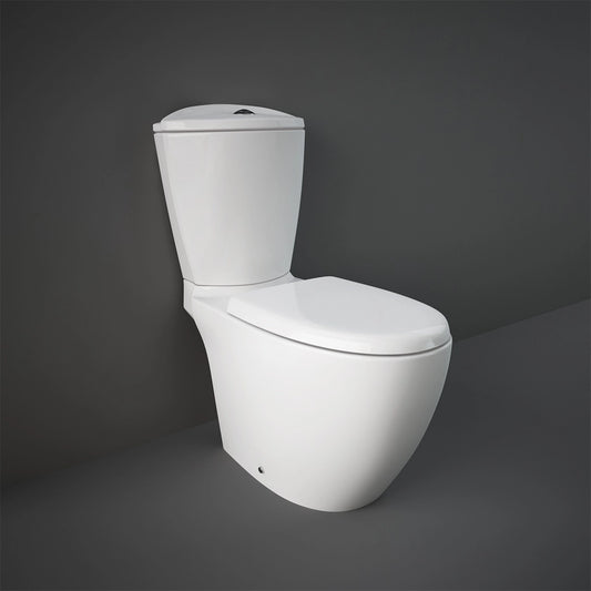 RAK-Venice VN03AWHA close coupled water closet pan in Glossy Alpine White, 725mm length with S-trap and rimless technology.