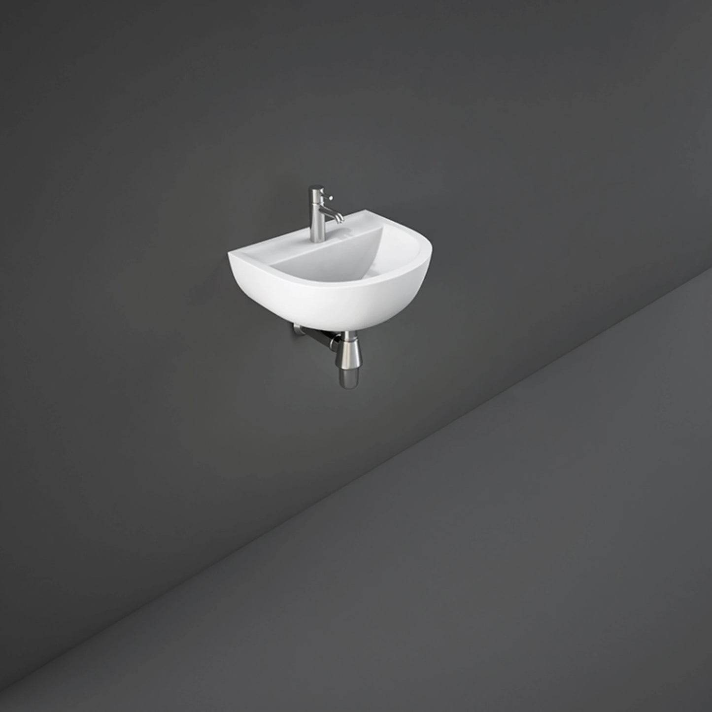 RAK Compact 38cm alpine white wall hung wash basin featuring an oval bowl shape and pre-drilled single tap hole.