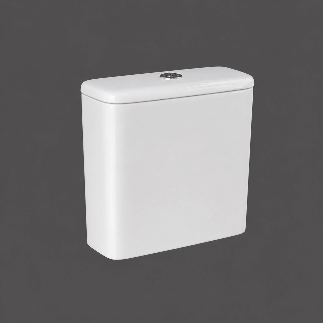 RAK-G Compact CO10AWHA water tank in Alpine White, showing its space-saving rounded design and top-mounted dual flush button.