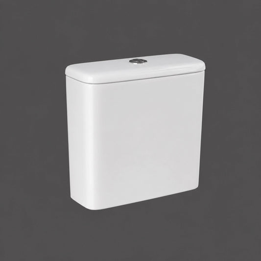 RAK-G Compact CO10AWHA water tank in Alpine White, showing its space-saving rounded design and top-mounted dual flush button.