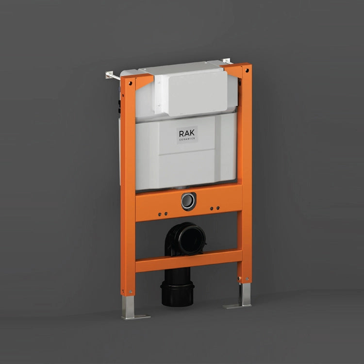A technical studio shot of the RAK-Ecofix Neofix 82cm concealed cistern frame in a signature orange finish, showing the metal support structure, plastic tank, and plumbing connection points.