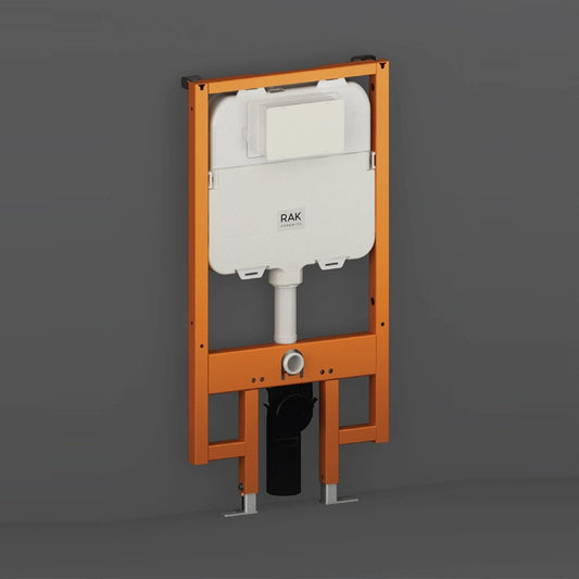 A technical studio shot of the RAK-Ecofix slim 8cm concealed cistern unit in white, showing the internal flushing mechanism and front actuation mounting area.