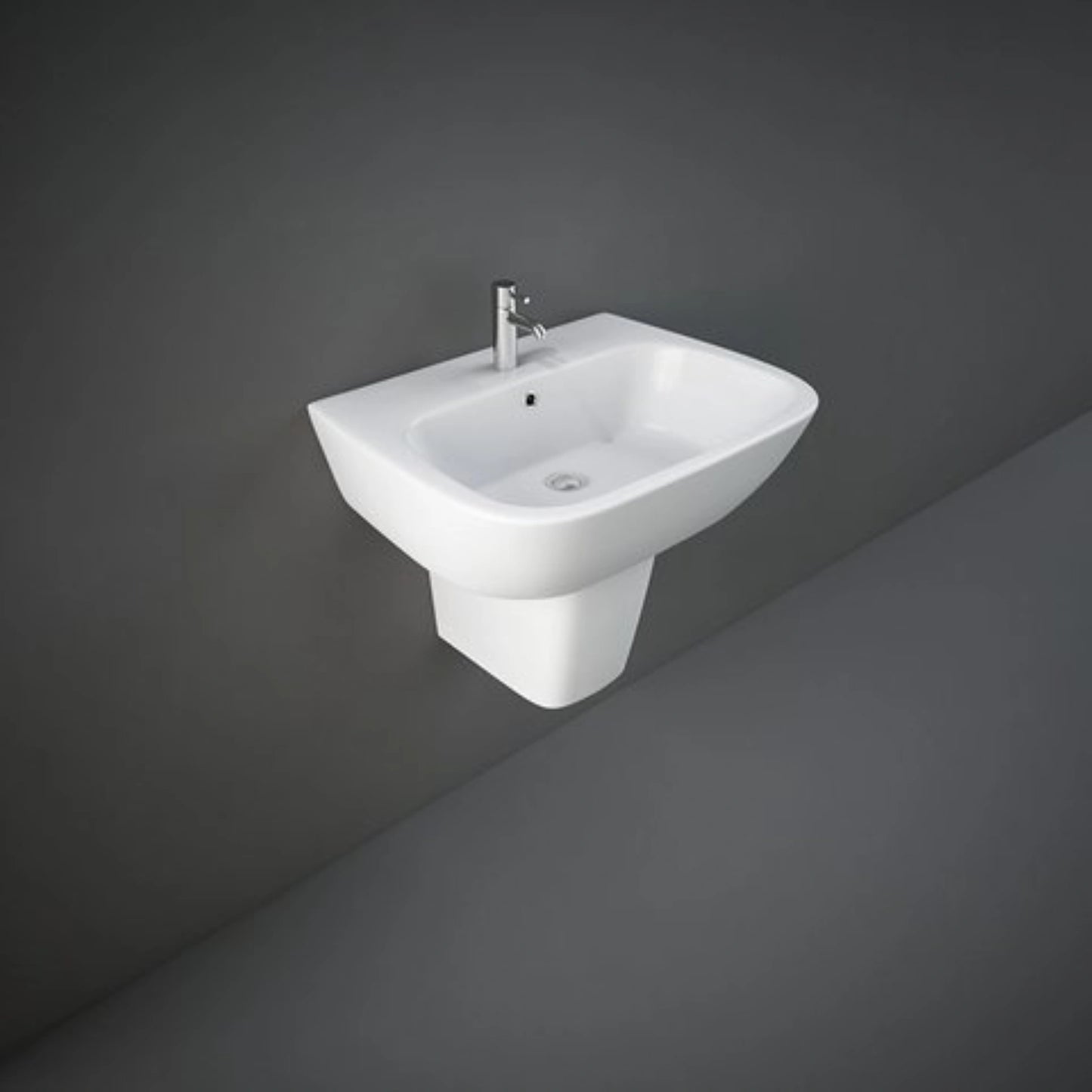 RAK-ONE Elena 60cm alpine white wash basin featuring a rounded rectangle shape and a pre-drilled single tap hole.