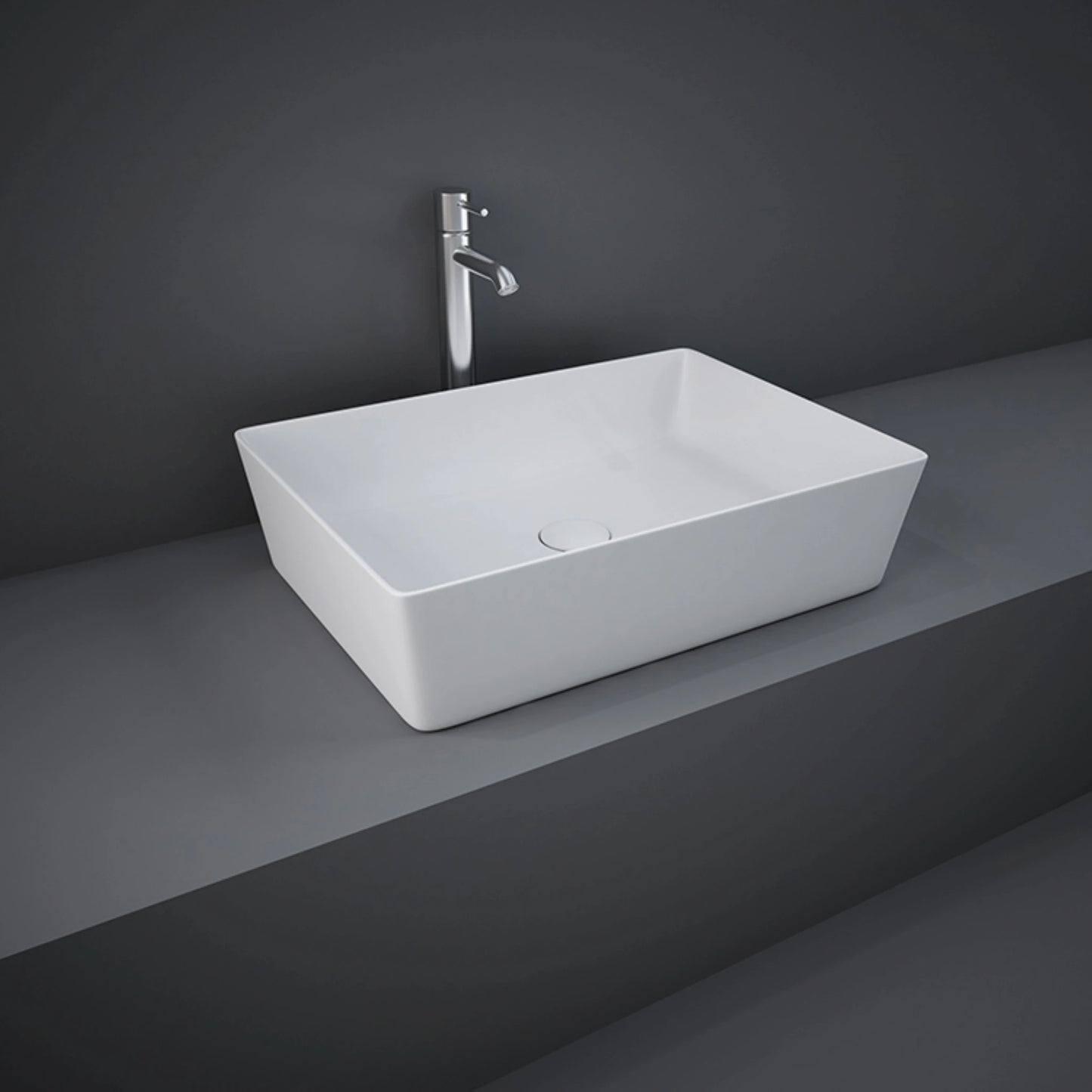 RAK-Feeling 50cm rectangular counter top wash basin in a smooth matt white finish, showcasing its modern slim-rim design.