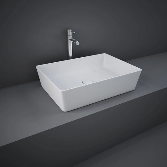 RAK-Feeling 50cm rectangular counter top wash basin in a smooth matt white finish, showcasing its modern slim-rim design.