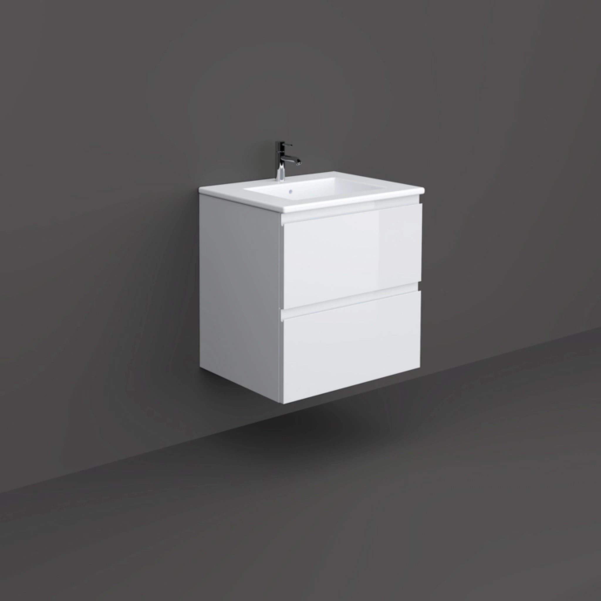 RAK-JOY Pure White 60cm wall hung vanity unit featuring a minimalist rectangle design and two soft-close drawers.