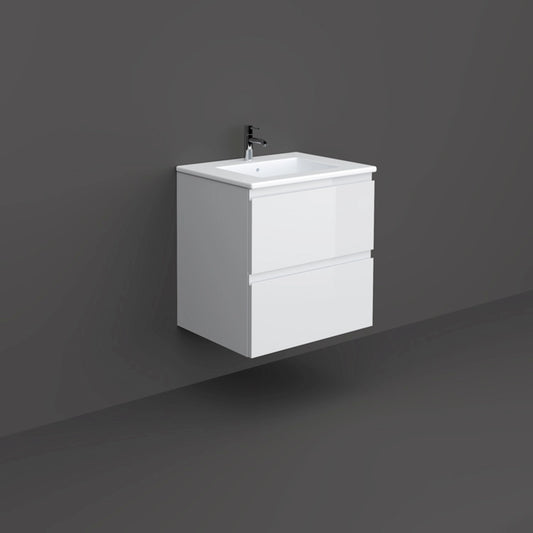 RAK-JOY Pure White 60cm wall hung vanity unit featuring a minimalist rectangle design and two soft-close drawers.