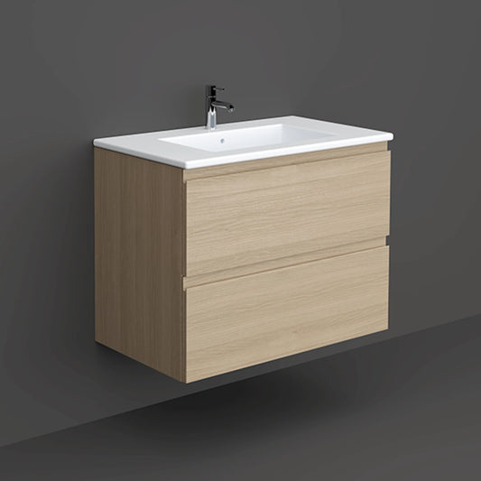 RAK-JOY JOYWH080SOK 80cm wall-hung vanity unit with a textured Scandinavian Oak wood finish and double drawers.
