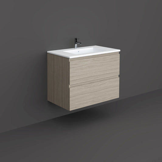 RAK-JOY JOYWH080EGY 80cm wall-hung vanity unit featuring two drawers and a modern Grey Elm wood finish.