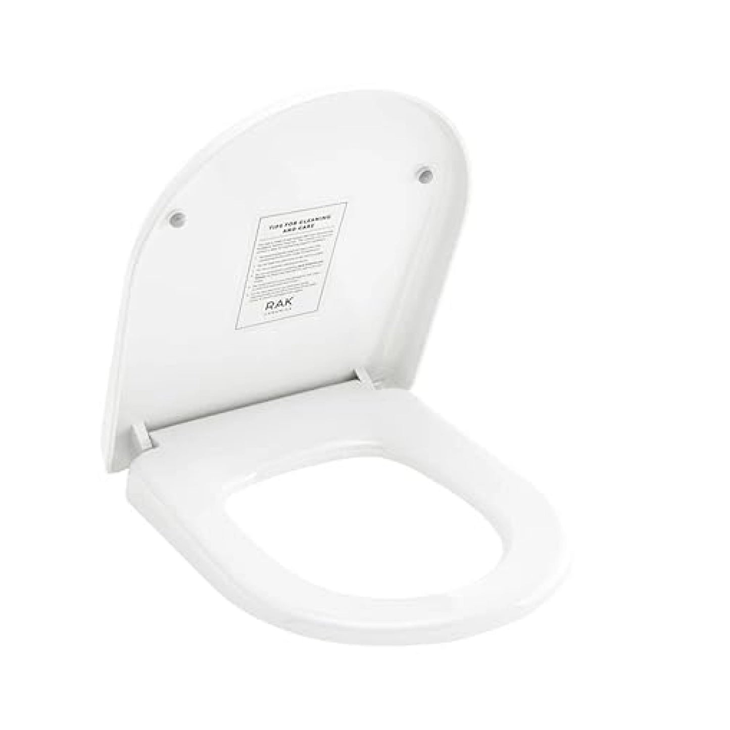 RAK Ceramics Jumeira Deluxe toilet seat cover in a smooth Beige finish, featuring a high-quality ABS wrap-over design and soft-close hinges, opened view.