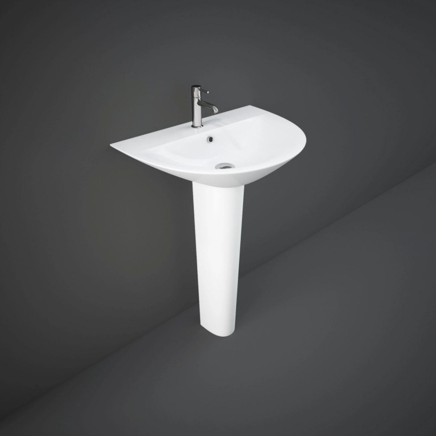 RAK-MORNING 60cm wash basin with full pedestal support in high-gloss Alpine White ceramic.