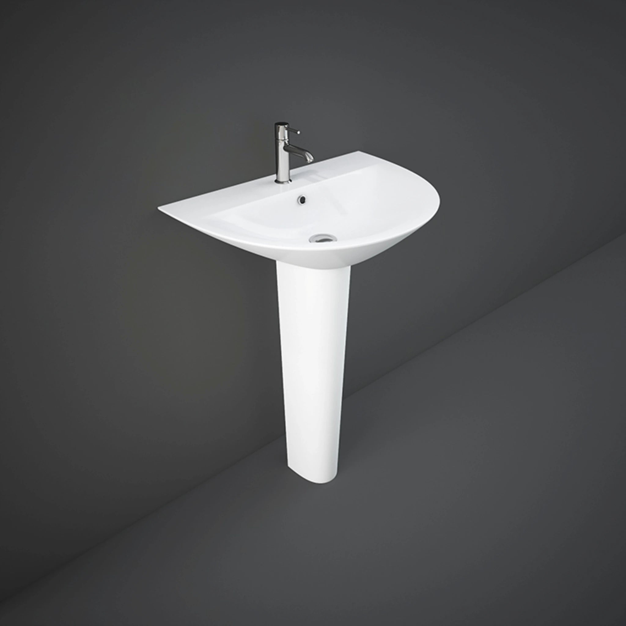 RAK-MORNING 60cm wash basin with full pedestal support in high-gloss Alpine White ceramic.