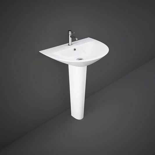 RAK-MORNING 60cm wash basin with full pedestal support in high-gloss Alpine White ceramic.