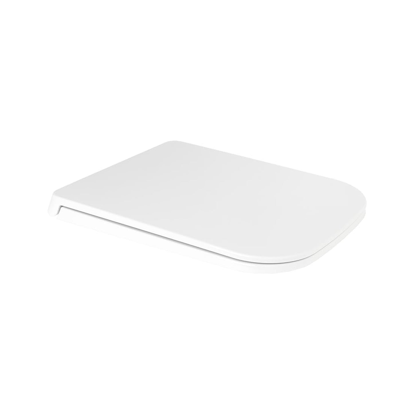 RAK Ceramics Metropolitan series rounded rectangle white ABS toilet seat cover, viewed from an elevated angle to highlight its ergonomic and minimalist profile.