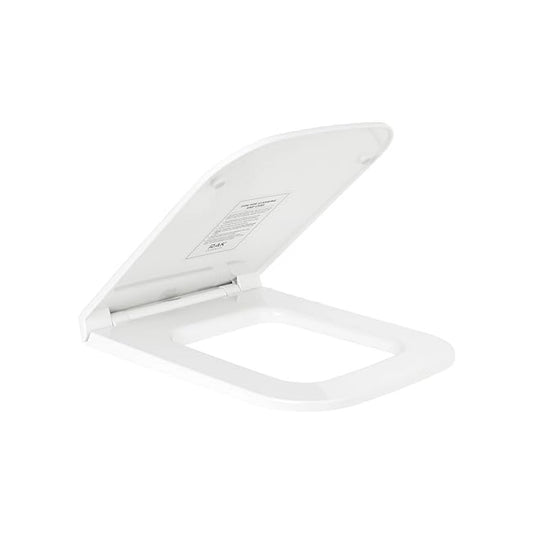 RAK Ceramics Metropolitan series rounded rectangle white ABS toilet seat cover opened view, viewed from an elevated angle to highlight its ergonomic and minimalist profile.