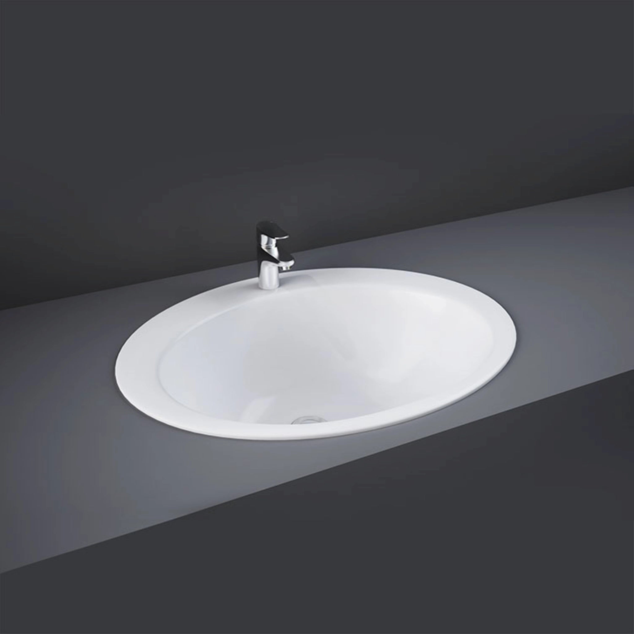 RAK-JESSICA OC37AWHA 53cm round drop-in washbasin in high-gloss Alpine White ceramic with a single tap hole.