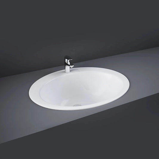RAK-JESSICA OC37AWHA 53cm round drop-in washbasin in high-gloss Alpine White ceramic with a single tap hole.