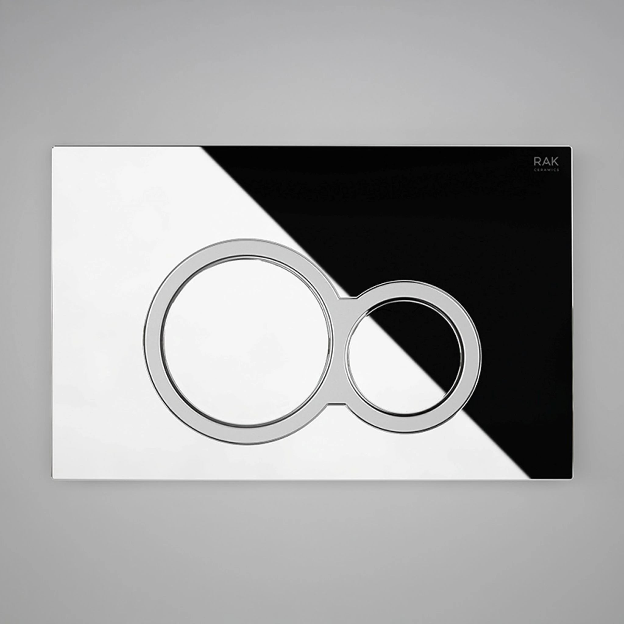 RAK Ceramics RAK-Ecofix rectangular push plate in a polished Bright Chrome finish, featuring two ergonomic round dual-flush buttons.