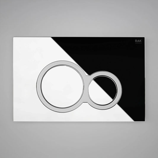 RAK Ceramics RAK-Ecofix rectangular push plate in a polished Bright Chrome finish, featuring two ergonomic round dual-flush buttons.