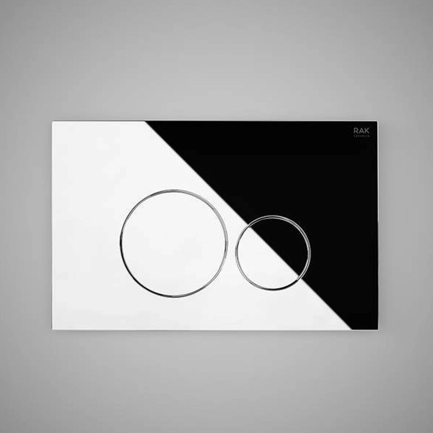RAK Ceramics RAK-Ecofix rectangular push plate in a polished Bright Chrome finish, featuring two circular dual-flush buttons.