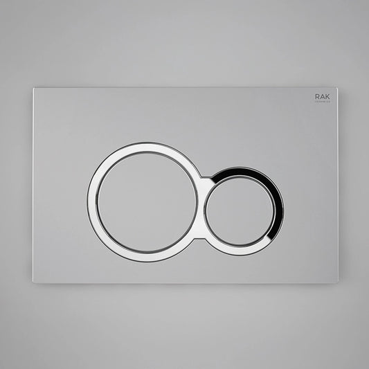 RAK Ceramics RAK-Ecofix rectangular push plate in a sophisticated Matt Chrome finish, featuring two circular dual-flush buttons.