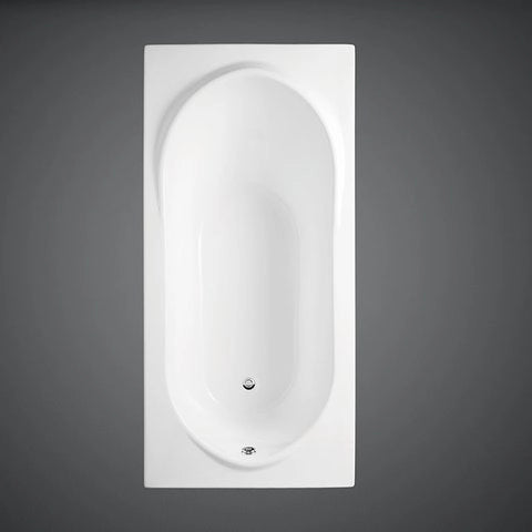 A high-resolution studio shot of the RAK-Reserva 170x80cm drop-in bathtub in Alpine White, showcasing its smooth interior contours and clean-lined rectangular outer frame.