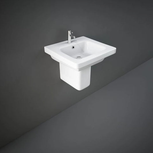 RAK Resort 50cm alpine white wash basin pan showing a modern rounded rectangle shape and a pre-drilled single tap hole.