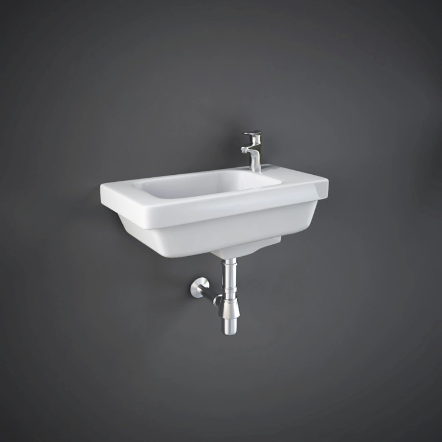 RAK Resort 45cm alpine white wall-mounted cloakroom wash basin with a single tap hole and overflow.